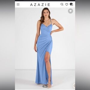 Azazie mermaid v-neck pleated mesh floor length dress- steel blue